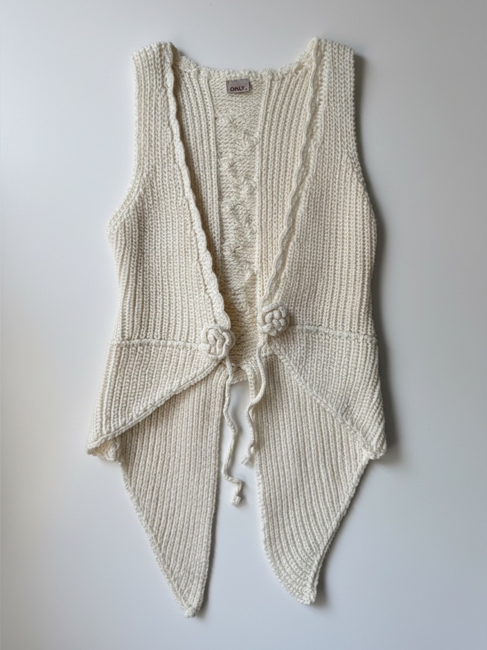 ONLY Ivory Knit Vest Crochet Rosette Tie Front Boho Sweater Vest
